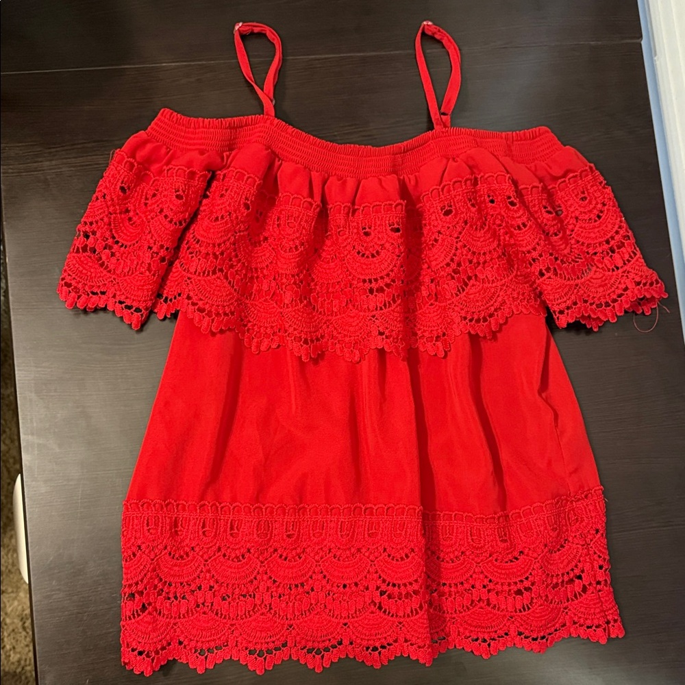 No Boundaries Red Crochet Off-Shoulder Blouse